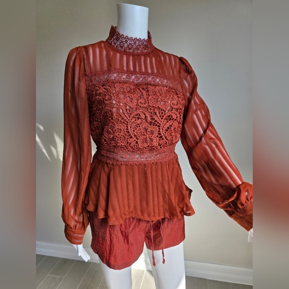 Elegant Lace Detail Rust Top - Picture 6 of 16